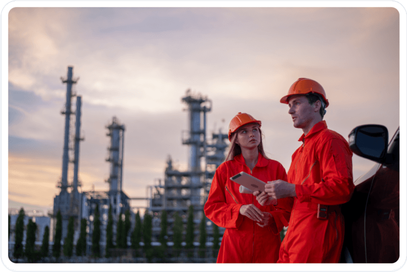 2 workers in front of a chemical plant