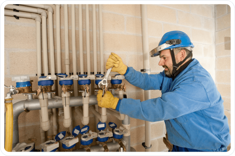 Technician in safety gear using a wrench to adjust industrial piping valves in a facility setting